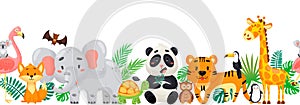 Seamless border of vector cartoon wild animals with tropical leaves.