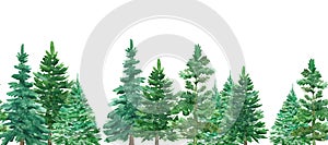 Seamless border of watercolor Christmas green trees. Spruce and holiday tree. Hand-drawn illustration