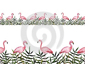 Seamless border with Watercolor flamingos and tropical plants