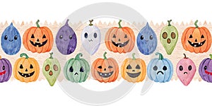 Seamless border with watercolor Halloween pumpkins. Vector illustration.