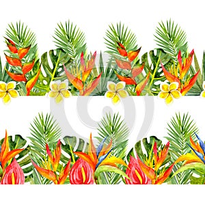 Seamless border with watercolor tropical flowers and leaves.