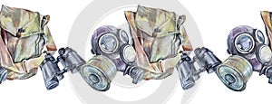 Seamless border watercolor vintage gas mask with bag on white background. Military filter respirator for stalker, post