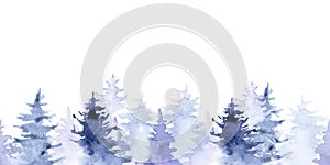 Seamless border, web banner. watercolor blue spruce. abstract drawing of forest isolated on white background. symbol of traveling,
