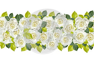 Seamless border of white roses with green foliage.