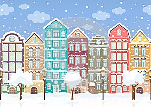 Seamless border of winter retro colorful houses, trees, lanterns in snow, exterior urban landscape, city background. European