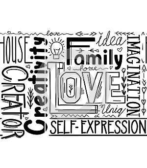 Seamless border witn lettering composition of different words. Human life values. Family, love and inspiration. Creativity