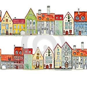 Seamless borders of watercolor hand drawn medieval houses