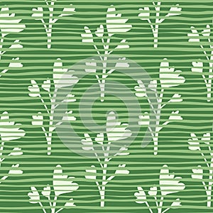 Seamless botanic pattern with flowers. Green background with strips. Simple design