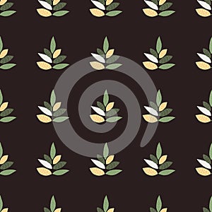 Seamless botanic pattern ornament leaves in green and yellow colors. Dark brown background