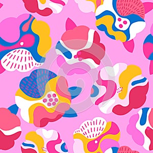 Seamless botanical pattern with abstract pink flowers. Floral texture for apparel, textile, packaging. Vector illustration