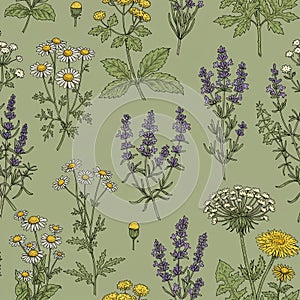 Seamless botanical pattern featuring detailed illustrations of various medicinal and