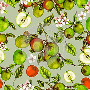 Seamless botanical pattern of hand drawn apples