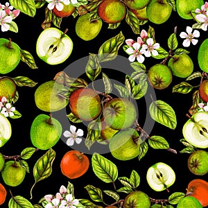 Seamless botanical pattern of hand drawn apples