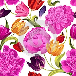Seamless botanical pattern with pink peonies and colorful tulips.