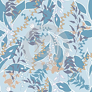 Seamless botanical pattern. Silhouettes of plants on a blue background. Gentle textile ornament for fabric, wallpaper and paper