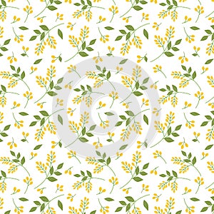 Seamless botanical pattern yellow seaberries green twigs leaves allover print on white background, fabric, tapestry, wallpaper, gi