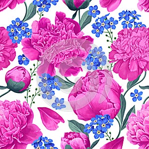 Seamless botanical spring vector pattern. Pink and blue realistic peony and forget-me-not flowers.