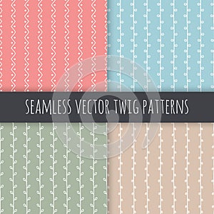 Seamless branch vector patterns. White vertical twigs with leaves on pink blue green beige background. Hand drawn ornament set