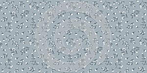 Seamless branches and berries pattern in pale dusty blue and white