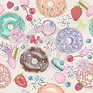 Seamless breakfast pattern with flowers, donuts, fruits.