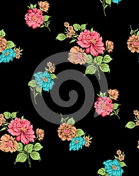 Seamless bright flower allover design with black background