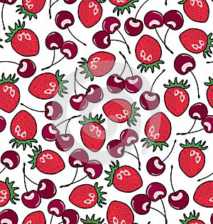 A seamless, bright, fruity pattern with strawberries and cherries.