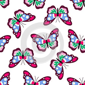 Seamless bright pattern with beautiful flying butterflies on a white background.