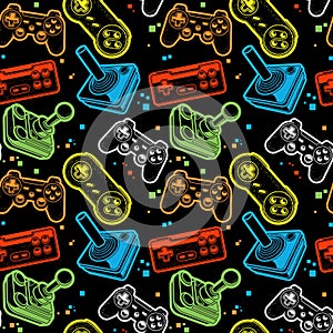Seamless bright pattern with joysticks, motley gamepads seamless pattern, console gaming print photo