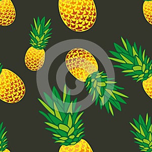 Seamless bright pineapple pattern on a black background. Design suitable for wallpaper