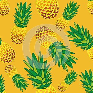 Seamless bright pineapple pattern on an orange background. Design can be used for wallpaper