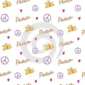 Seamless bright vector pattern with a Peace message. No war repeating ornament on transparent background