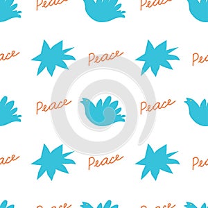 Seamless bright vector pattern with a Peace message. No war repeating ornament on transparent background in doodle