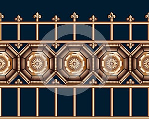 Seamless bronze vintage forged metal fence at medieval style on blue background