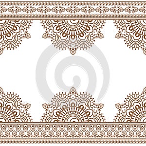Seamless Brown Henna Indian Mehndi Pattern with floral border elements for card and tattoo on white background