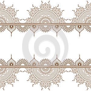 Seamless brown henna pattern mehndi border elements with flowers for tattoo or card in Indian style on white background