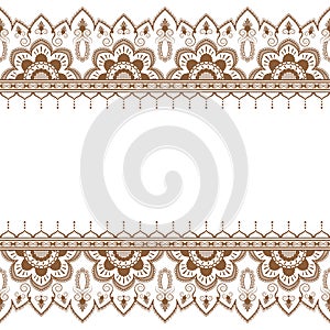 Seamless brown henna pattern mehndi border elements in Indian style with flowers for tattoo or card on white background