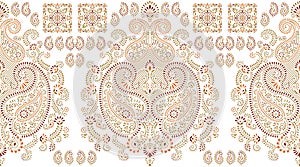 Seamless brown paisley border on white background with traditional Asian design elements