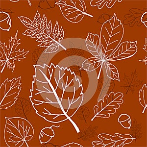 Seamless brown pattern with autumn leaves and acorns