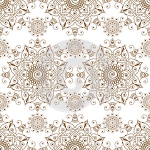 Seamless brown pattern mandala mehndi floral lace elements of buta decoration items on white background