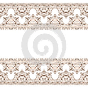 Seamless brown pattern mehndi border elements with flowers for tattoo or card in Indian style on white background