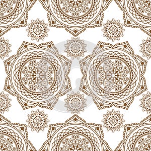 Seamless brown pattern mehndi floral lace of buta decoration items on white background