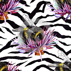 Seamless bumblebee pattern with flowers on a zebra skin background