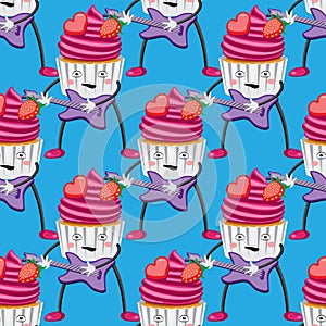 Seamless cake pattern with guitar cartoon on blue background. Vector image