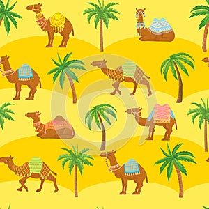 Seamless camel pattern. Cute cartoon camels in desert among sand dunes and palm trees. Egyption tribal vector wallpaper