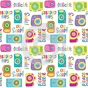 Seamless camera and lettering pattern. Hand drawn retro colorful photos and phrases smile please say cheese, oh snap Take a good