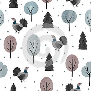 Seamless capercaillie bird pattern. Vector wood illustration with watercolor cartoon grouse and trees