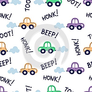 Seamless car pattern kids background with colorful automobile and words Beep, Toot. Flat design photo