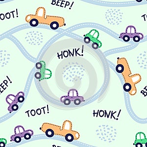 Seamless car pattern with text beep, honk, toot, circle road. Flat children design.