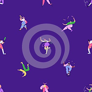 Seamless carnival pattern. Festival background with circus artists, acrobat, clown, harlequin, juggler, carnaval photo