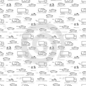 Seamless cars and bikes pattern grey on white background